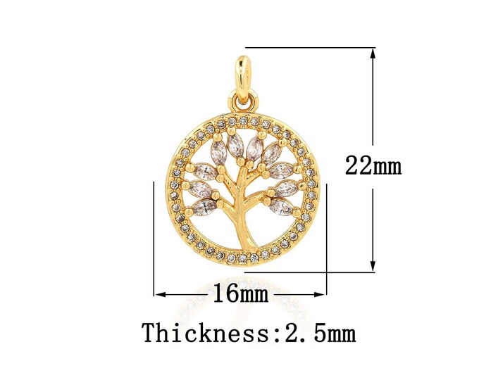 18K Gold Filled CZ Tree of Life Pendant,Gold Dainty Round Charms,Tree Charm Bracelet Necklace for DIY Jewelry Making Supply