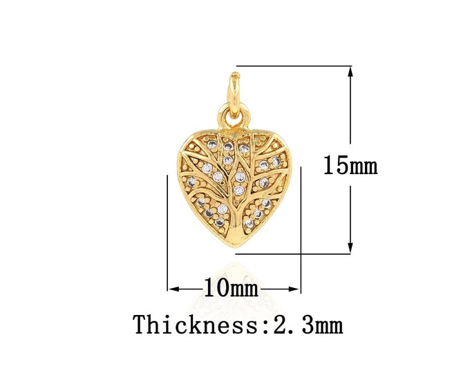 18K Gold Filled Heart Pendant,Gold Dainty Tree of Life Charms,CZ Heart Charm Bracelet Necklace for DIY Jewelry Making Supply