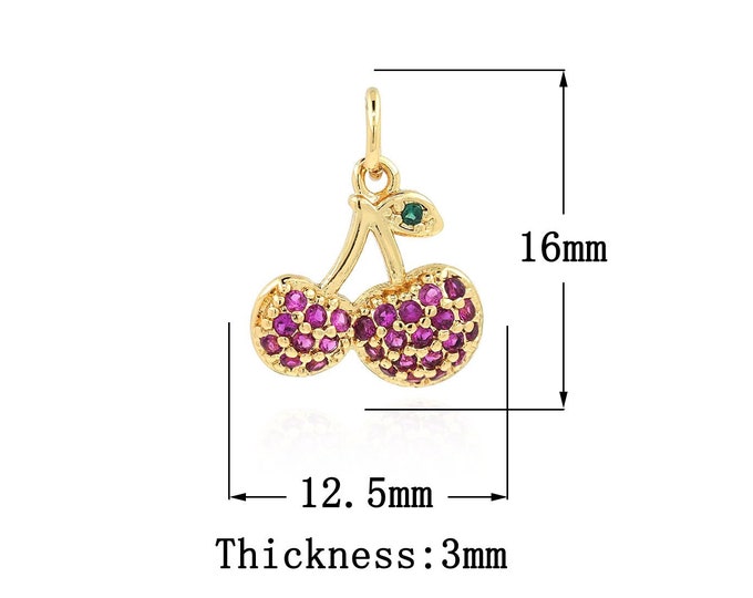 18K Gold Filled CZ Cherry Pendant,Gold Dainty Cherry Charms,Cherry Charm Bracelet Necklace for DIY Jewelry Making Supply