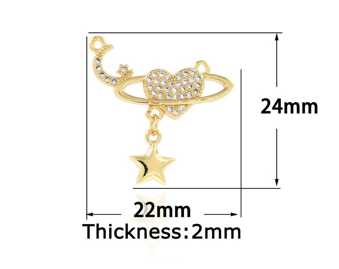 Micropavé CZ Moon Necklace, 18K Gold Filled Saturn Ring Pendant, Heart Pendant, DIY Jewelry Accessories, 22x24x2mm