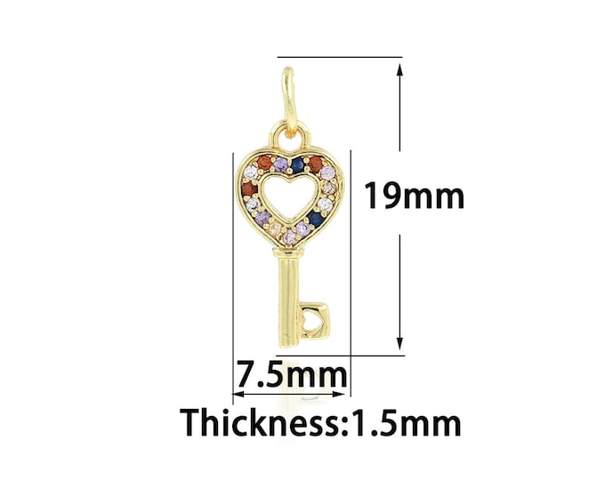 Micropavé CZ Simple pendant Gold Dainty Key Charms,18K Gold Filled Key Pendant,Bracelet Necklace for DIY Jewelry Making Supply,7.5x19x1.5mm