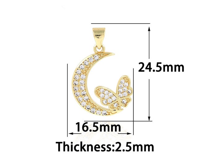Crescent pendant 18K Gold Filled Moon Butterfly Pendant, Gold Dainty Butterfly Charms Bracelet Necklace for DIY Jewelry Making Supply