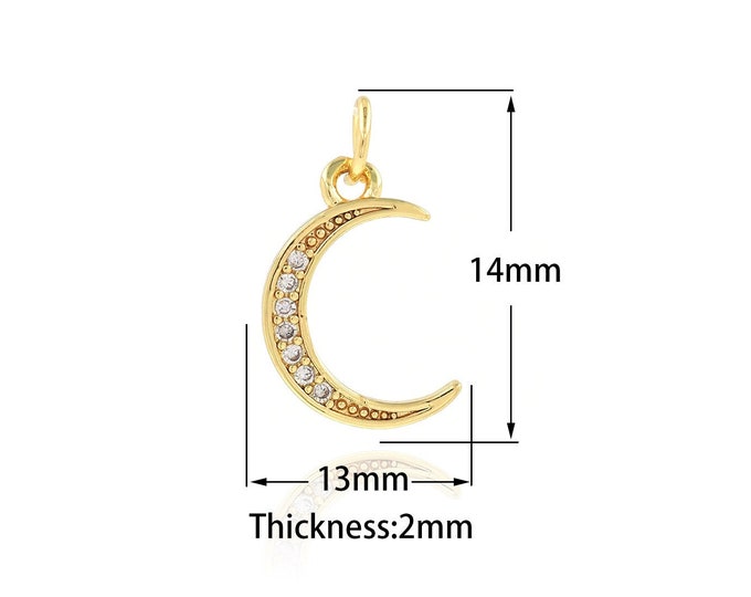 Crescent Necklace, 18K Gold Filled Moon Pendant,Micropavé CZ Crescent Charm, DIY Making Supplies 13x14x2mm