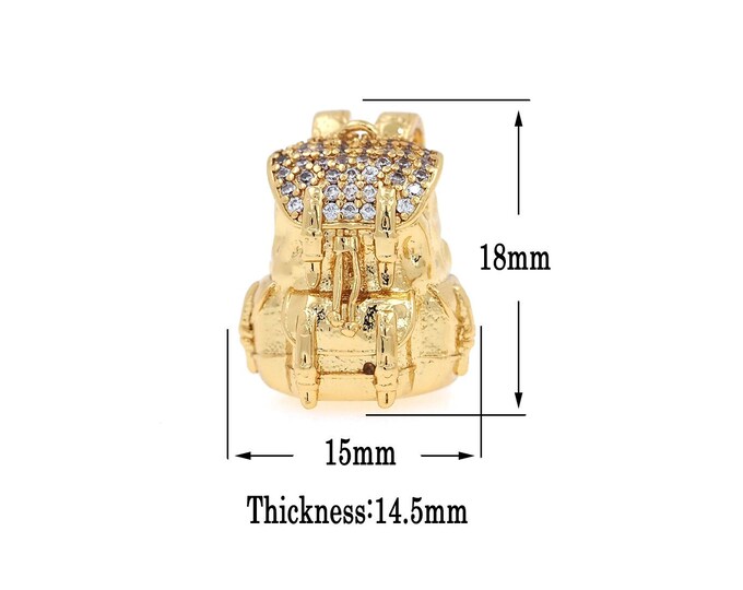 18K Gold Filled Backpack Pendant, Gold Backpack Charms, CZ Backpack Charm Bracelet Necklace, Suitable for DIY Jewelry Making Supply