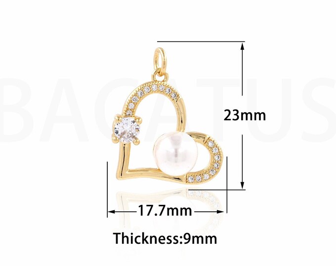 Micropavé CZ Pearl Love Necklace,Heart Pendant, Pearl Heart Necklace, 18K Gold Filled Heart Flower Charm, DIY Jewelry Supplies,23x17.7x9mm