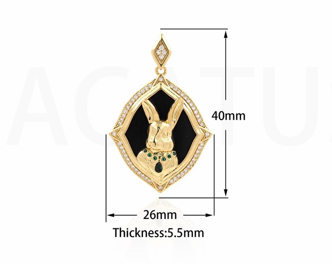 Micropavé CZ Rabbit Necklace, 18K Gold Filled Enamel Charm, Animal Necklace, Cute Charm, Animal Pendant, DIY Jewelry Supplies, 40x26x5.5mm