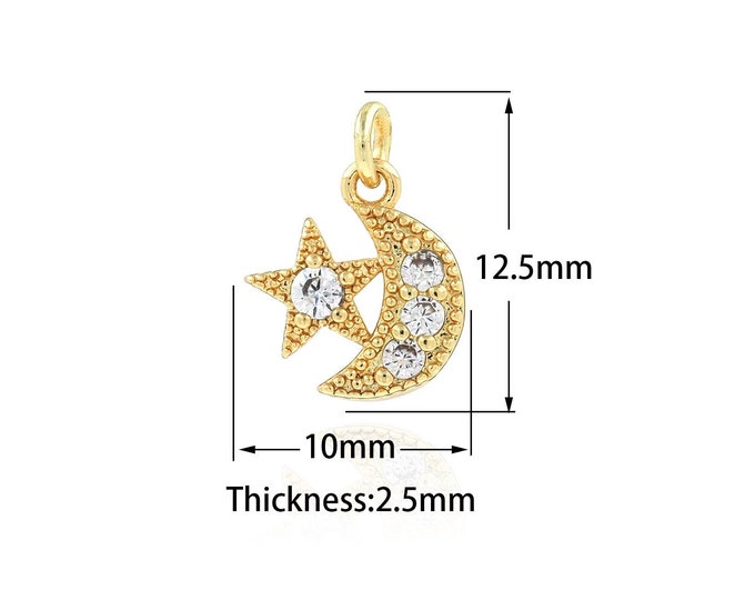 18K Gold Filled Crescent Necklace, Micropavé CZ Moon Charm, Star Pendant Star Moon Pendant,Star Moon Necklace, 10x12.5x2.5mm
