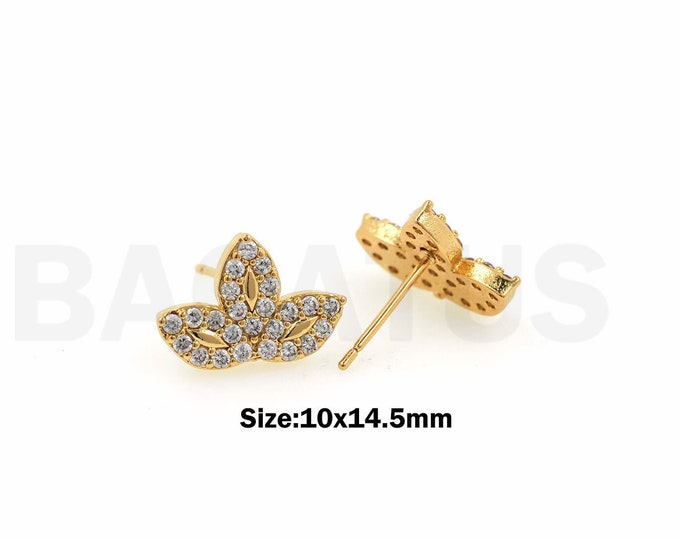Lotus Flower Earrings, 18K Gold Filled Flower Earrings, Party Earrings, Micro Pavé CZ Fashion Earrings,DIY Jewelry Supplies, 10x14.5mm