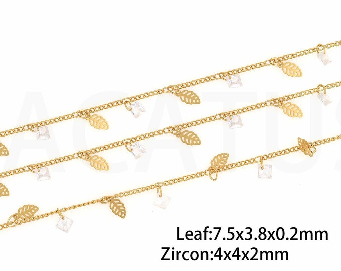 Leaf Chain, 18K Gold Filled Welded Chain, Micropavé CZ Plant Chain, Pendant Chain, Twisted Chain, DIY Jewelry Supplies,