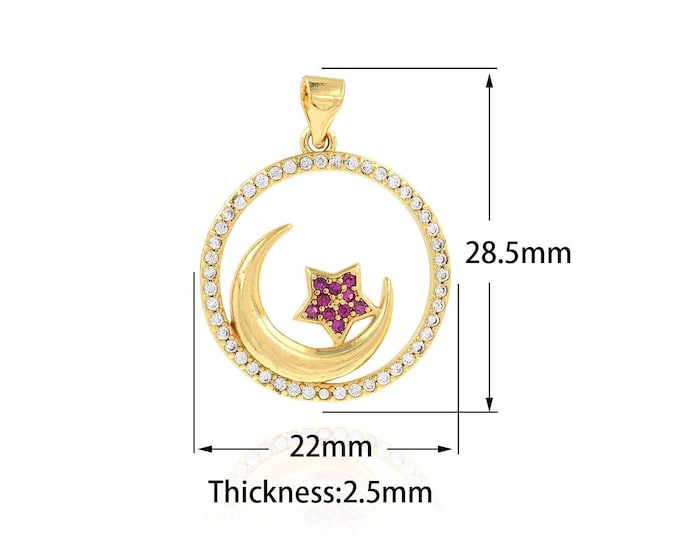 18K Gold Filled Round Moon Star Sun Pendant, Moon Necklace, Star Necklace, Sun Necklace, Exquisite Gifts For Her 22x28.5x2.5mm