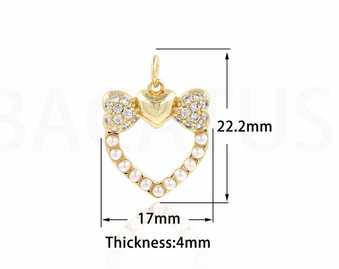 Heart Pendant, Micropavé CZ Love Charm, 18K Gold Filled Cutout Charm, Bow Charm, Gift For Her, DIY Jewelry Supplies, 22.2x17x4mm