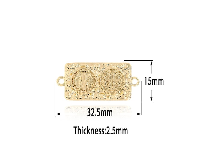18K Gold Filled Saint Benedict Connectors, Rectangular Catholic Connectors, Religious Charm Bracelet Necklace for DIY Jewelry Making Supply