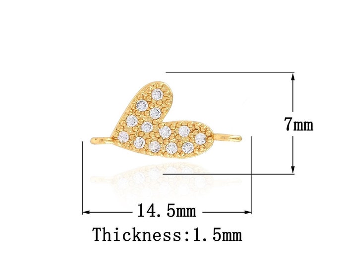 18K Gold Filling Heart Charm MicroPave CZ Heart Connector DIY Making Supplies 7x14.5x1.5mm