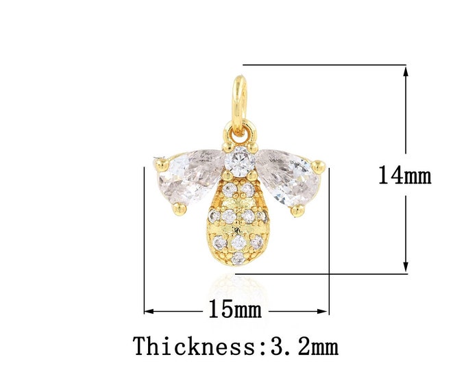 18K Gold Filled Bee Pendant,Gold Dainty CZ Bee Charms,Bee Charm Bracelet Necklace for DIY Jewelry Making Supply,14x15x3.2mm