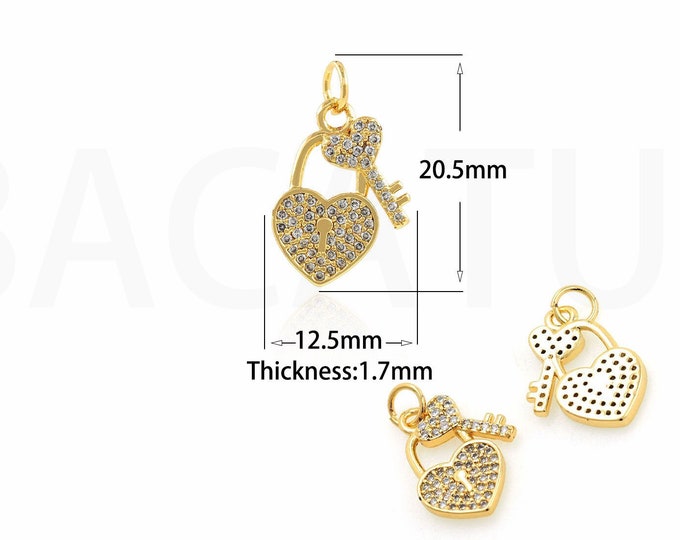 18K Gold Filled Heart Lock Pendant,Gold Dainty CZ Key Charms,Heart Lock Charm Bracelet Necklace for DIY Jewelry Making Supply