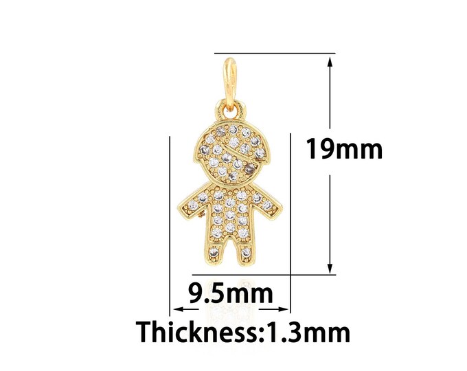 Boy Charm Gold Dainty CZ Boy Charms,18K Gold Filled Tiny Boy Pendant,Bracelet Necklace for DIY Jewelry Making Supply,9.5x19x1.3mm