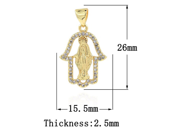 18K Gold Filled Virgin Mary Pendant,Gold Dainty Religion Charms,CZ Hamsa Charm Bracelet Necklace for DIY Jewelry Making Supply