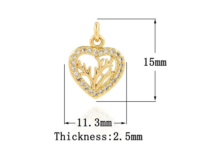 18K Gold Filled Heart Pendant,Gold Dainty Antler Charms,CZ Heart Charm Bracelet Necklace for DIY Jewelry Making Supply