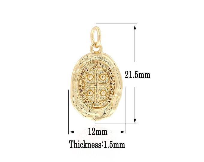 18K Gold Filled Saint Benedict Pendant,Gold Saint Benedict Charms,CZ Oval Charm Bracelet Necklace for DIY Jewelry Making Supply