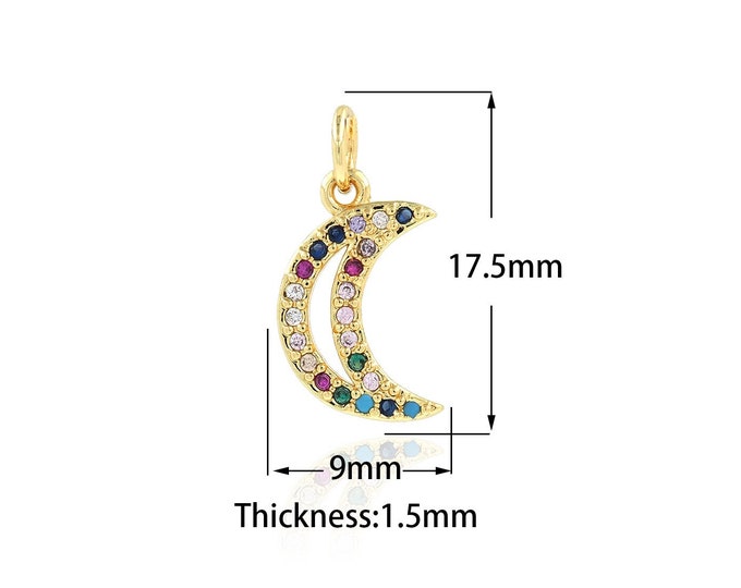 18K Gold Filled Moon Pendant,Micropavé CZ Crescent Charm, Crescent Necklace, DIY Making Supplies 9x17.5x1.5mm