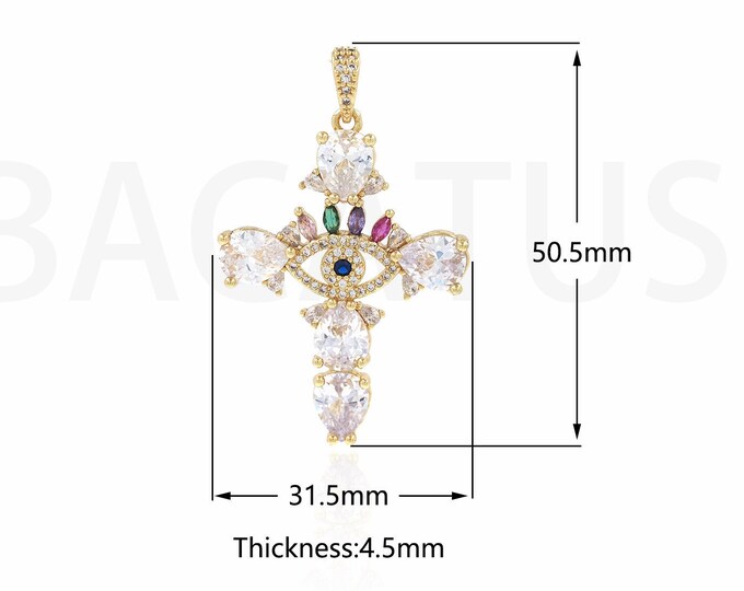 Cross Pendant, Eye Charm, Micropavé CZ Christian Charm, Religious Necklace, 18K Gold Filled Cross Eye Charm, DIY Jewelry Supplies