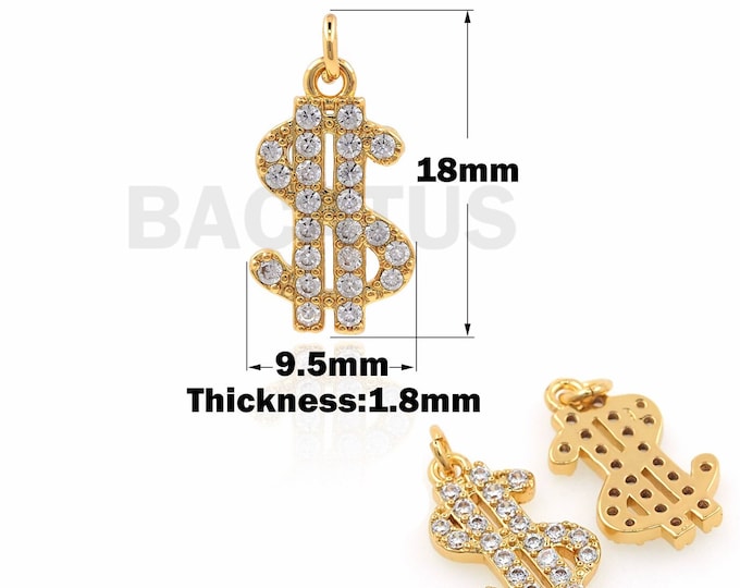 18K Gold Filled Dollar Pendant, Micro-pave CZ Money Symbol Necklace, Money Pendant, Dollar Symbol Charm,DIY Jewelry Accessories,18x9.5x1.8mm