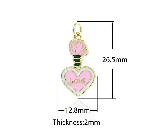 18K Gold Filled Heart Pendant,Gold Dainty Flower Charms,Enamel Charm Bracelet Necklace for DIY Jewelry Making Supply