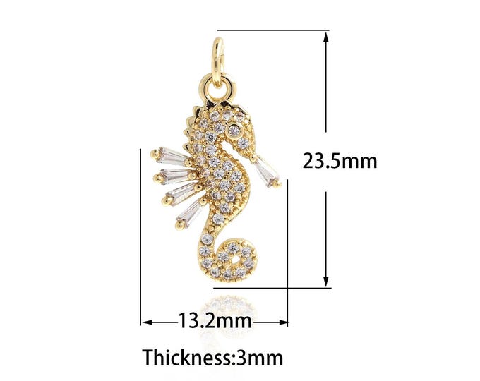 18K Gold Filled Seahorse Necklace, Micro Pave CZ  Mini Seahorse Pendant, Ocean Charm, DIY Jewelry Making Supplies