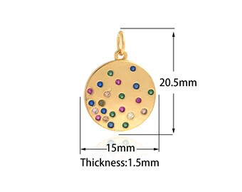 Gold Coin Pendant, 18K Gold Filled Round Charm, Micro Pave CZ Disc Charm, DIY Jewelry Supplies, 20.5x15x1.5mm
