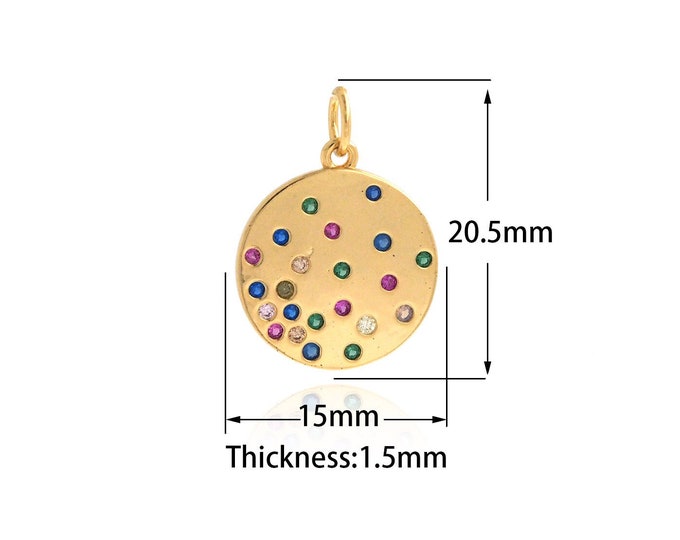 Gold Coin Pendant, 18K Gold Filled Round Charm, Micro Pave CZ Disc Charm, DIY Jewelry Supplies, 20.5x15x1.5mm