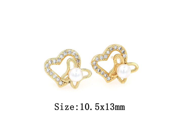 18K Gold Filled CZ Heart Stud Earrings,Gold Butterfly Stud Earrings,Pearl Stud Earrings,Gift for Her