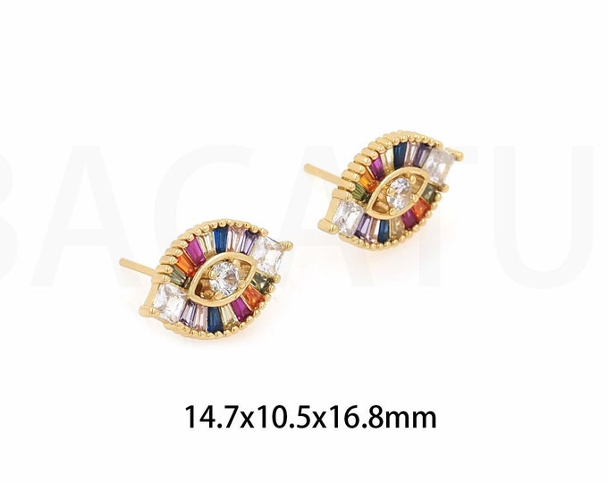 Micropave CZ Eye Earrings, Lucky Eye Earrings, Dainty Stud Earrings, 18K Gold Filled Statement Earrings, Boho Earrings,14.7x10.5x16.8mm