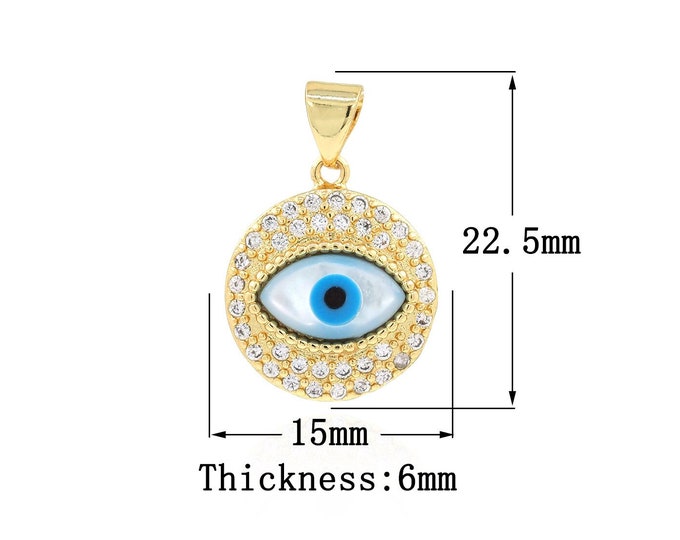 18K Gold Filling Disc Enamel Pendant Eye Jewelry Cubic Zirconia Greek Eye Necklace Enamel Charm DIY Jewelry Making Supplies 22.5x15x6mm