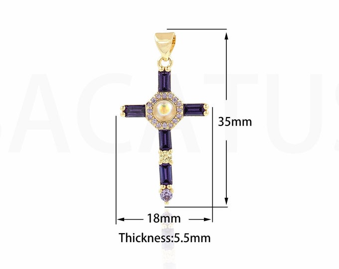 18K Gold Filled Cross Pendant, Religious Charm, Micropavé CZ Christian Pendant, Cross Charm, DIY Jewelry Supplies, 35x18x5.5mm