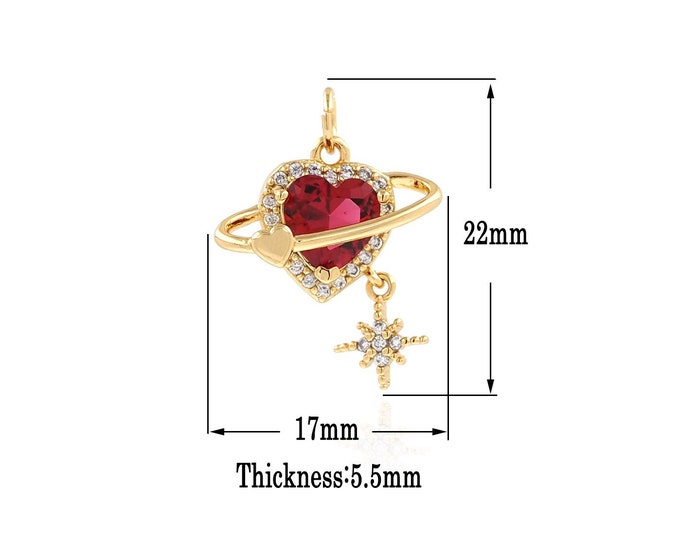 Gold Heart Charms,18K Gold Filled Heart Pendant,CZ Saturn Charm Bracelet Necklace for DIY Jewelry Making Supply