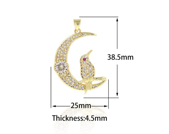Micro Pave CZ Moon Bird Pendant,18K Gold Filled Bird Pendant,Moon Jewelry Findings DIY Jewelry Supplies,25x38.5x4.5mm