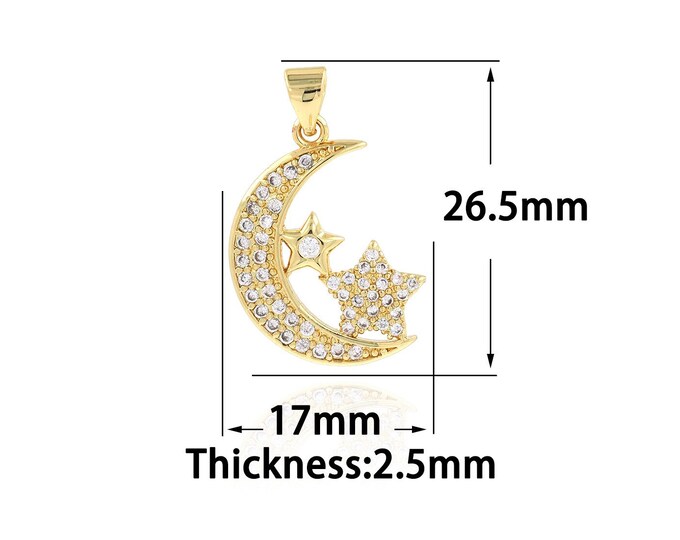 18K Gold Filled Crescent Necklace, Micropavé CZ Moon Charm, Star Pendant Star Moon Pendant,Star Moon Necklace, 17x26.5x2.5mm