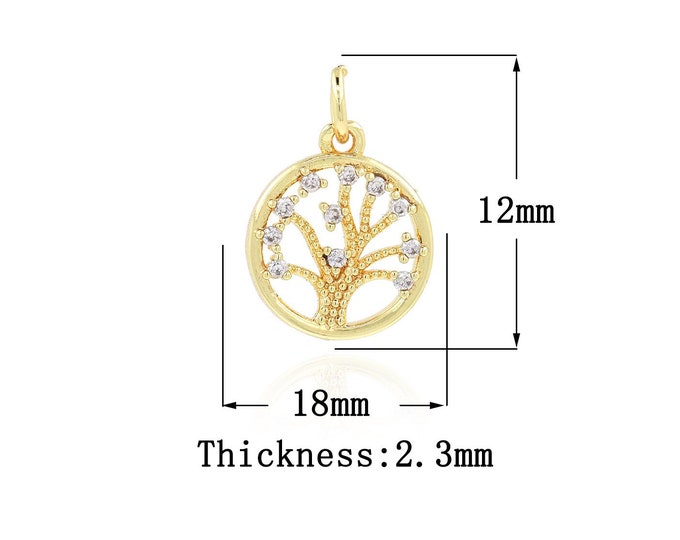 18K Gold Filled Tree of Life Pendant,Gold Dainty CZ Tree Charms,Round Charm Bracelet Necklace for DIY Jewelry Making Supply