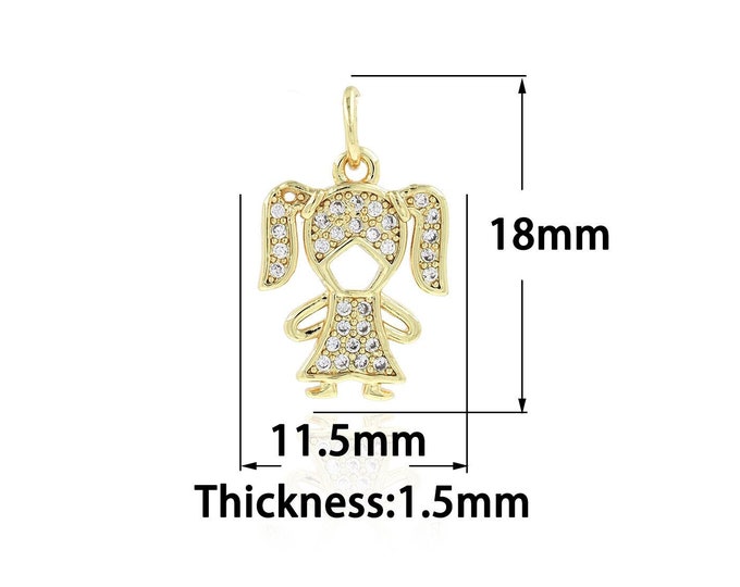 Tiny Girl Pendant,Gold Dainty CZ Girl Charms,18K Gold Filled Girl Charm Bracelet Necklace for DIY Jewelry Making Supply,11.5x18x1.5mm