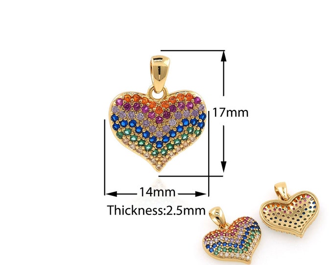 18K Gold Filled Love Necklace, Rainbow Charm, Heart Charm, Micro Pave CZ Love Pendant, Heart Pendant, DIY Jewelry Supplies, 17x14x2.5mm
