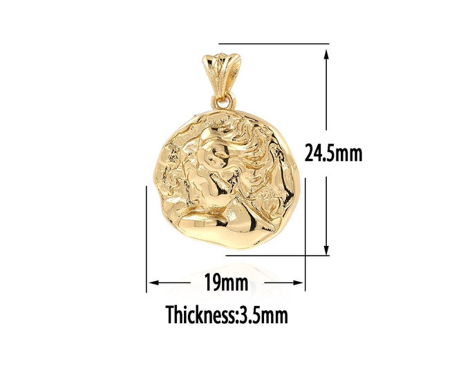 18K Gold Filled Coin Pendant,Gold  Dainty Relief Charms, Round Charm Bracelet Necklace for DIY Jewelry Making Supply
