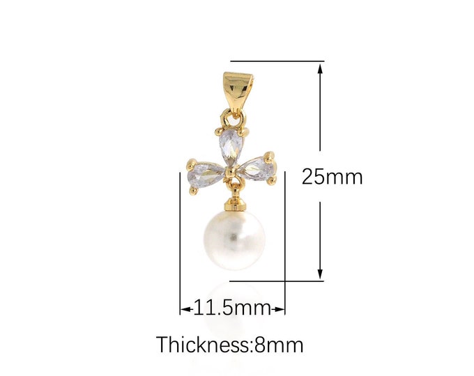 Flower Pendant, Pearl Necklace, 18K Gold Filled Pearl Flower Charm, Micropavé CZ Pearl Necklace,DIY Jewelry Supplies,25x11.5x8mm