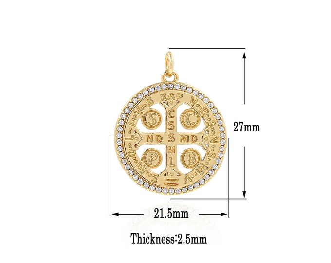 Gold Saint Benedict Charms,18K Gold Filled Saint Benedict Pendant,CZ Round Charm Bracelet Necklace for DIY Jewelry Making Supply