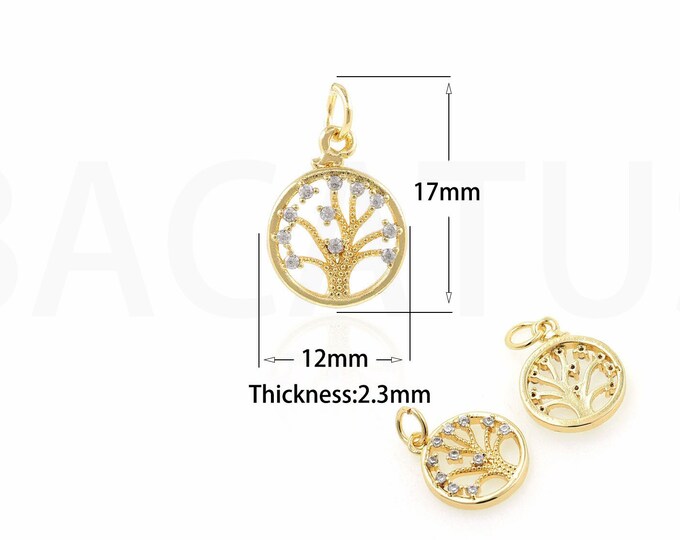 Gold Dainty CZ Tree of Life Charms,18K Gold Filled Tree Pendant,Tree Charm Bracelet Necklace for DIY Jewelry Making Supply