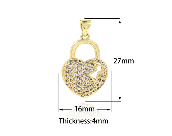 Gold Dainty Heart Charms,18K Gold Filled Heart Lock Pendant,CZ Heart Charm Bracelet Necklace for DIY Jewelry Making Supply,16x27x4mm