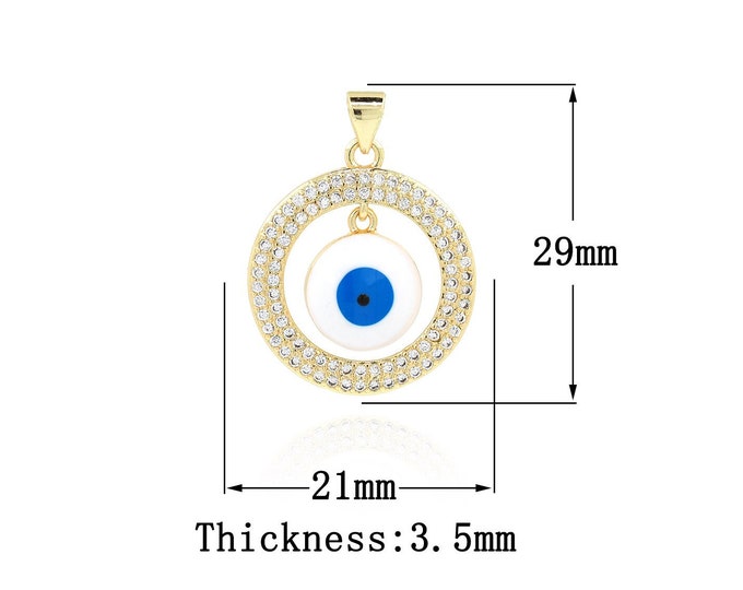 18K Gold Filling Disc Enamel Pendant Eye Jewelry Cubic Zirconia Greek Eye Necklace Enamel Charm DIY Jewelry Making Supplies 29x21x3.3mm