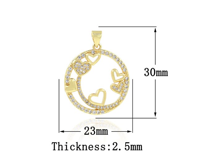 18K Gold Filled Heart Pendant,Gold Dainty Round Charms,CZ Heart Charm Bracelet Necklace for DIY Jewelry Making Supply,30x23x2.5mm