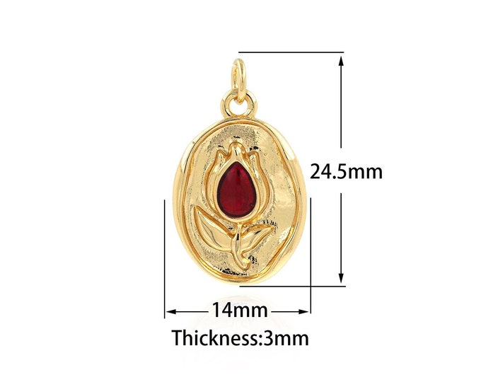 18K Gold Filled Coin Pendant, Coin Charm, Rose Necklace, Rose Charm, Rose Pendant, Round Necklace, DIY Jewelry Accessories, 24.5x14x3mm