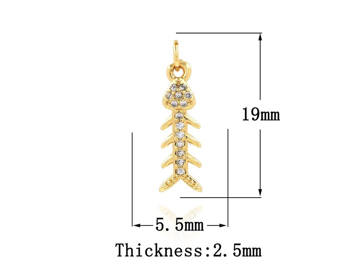 18K Gold Filled CZ  Fish Bone Pendant,Gold Dainty Fish Bone Charms, Fish Bone Charm Bracelet Necklace for DIY Jewelry Making Supply