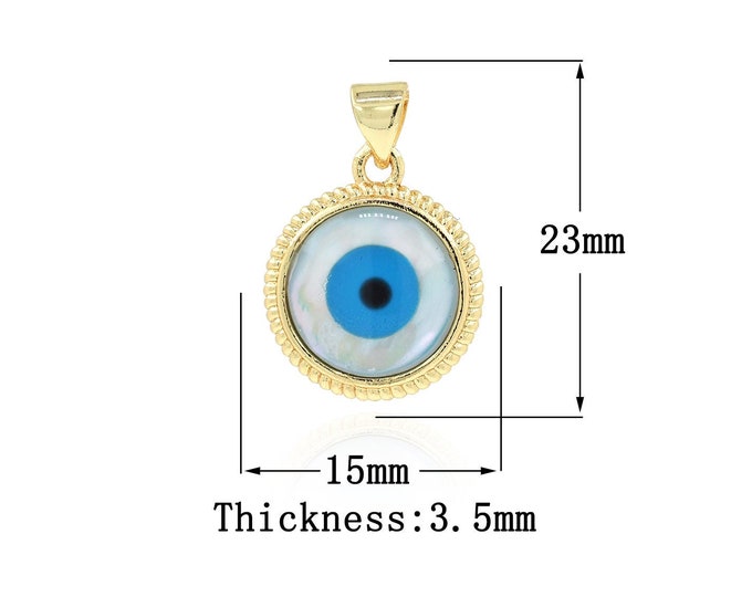 18K Gold Filling Disc Enamel Pendant Eye Jewelry Cubic Zirconia Greek Eye Necklace Enamel Charm DIY Jewelry Making Supplies 23x15x3.5mm